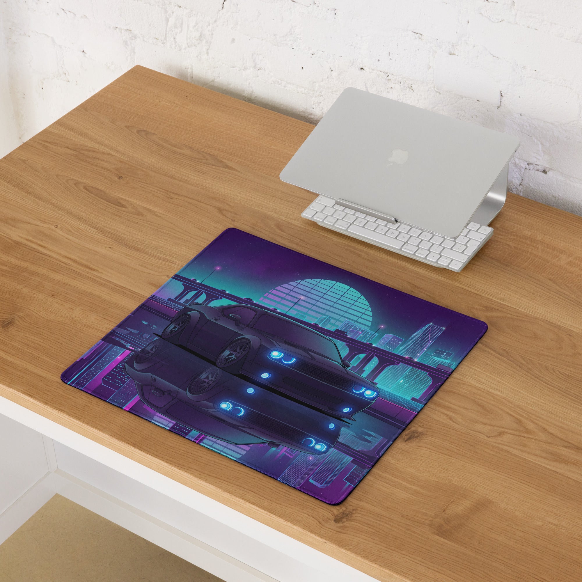 Dodge Challenger SRT Hellcat Inspired Black Vaporwave Gaming Mouse Pad – Neon Blue Purple City Skyline Desk Mat with Retro Futuristic Reflection Art