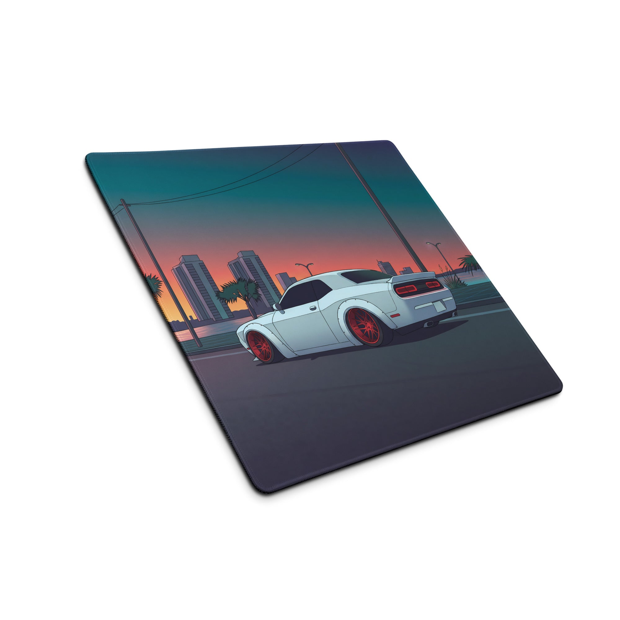 Dodge Challenger Widebody Inspired White Vaporwave Gaming Mouse Pad – Teal Pink Coastal Sunset Desk Mat with Red Wheels and Retro Palm Tree Art
