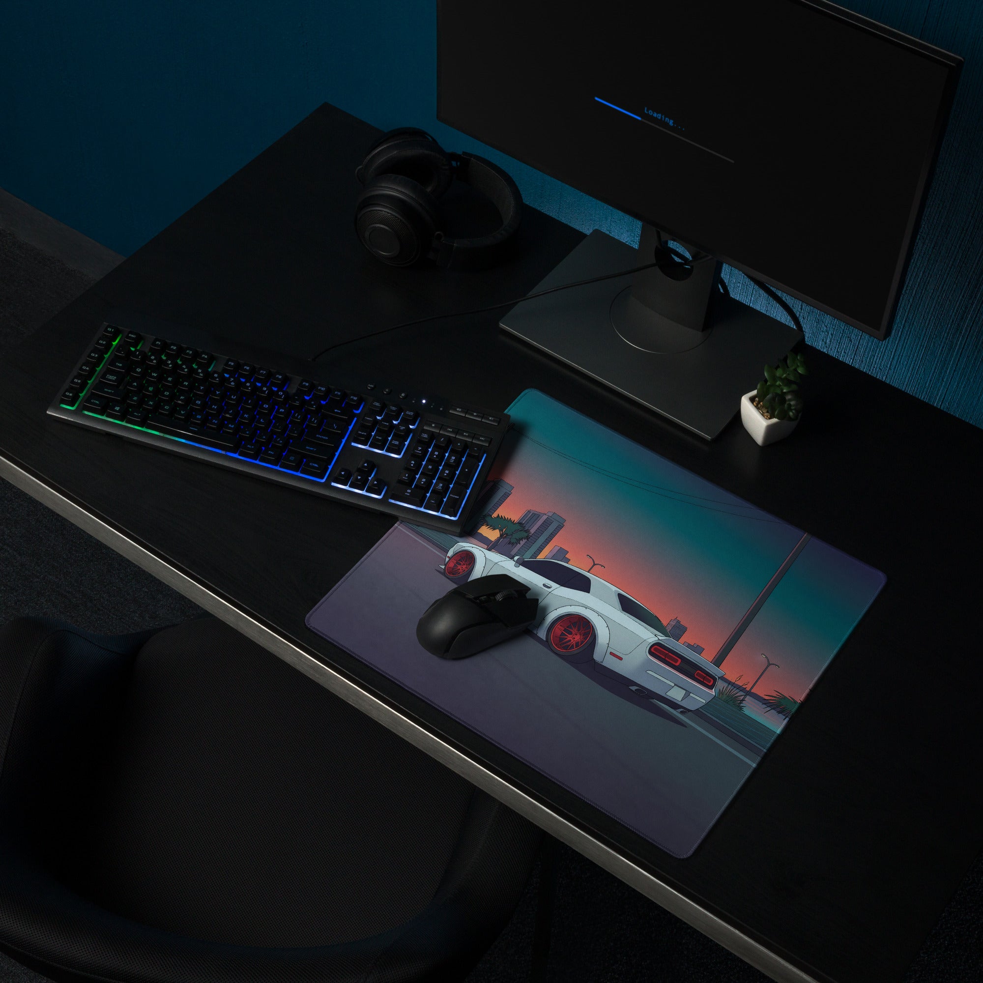 Dodge Challenger Widebody Inspired White Vaporwave Gaming Mouse Pad – Teal Pink Coastal Sunset Desk Mat with Red Wheels and Retro Palm Tree Art
