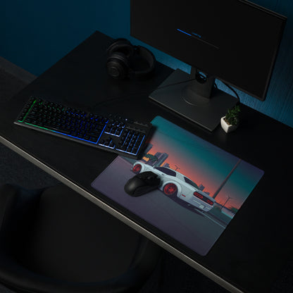 Dodge Challenger Widebody Inspired White Vaporwave Gaming Mouse Pad – Teal Pink Coastal Sunset Desk Mat with Red Wheels and Retro Palm Tree Art