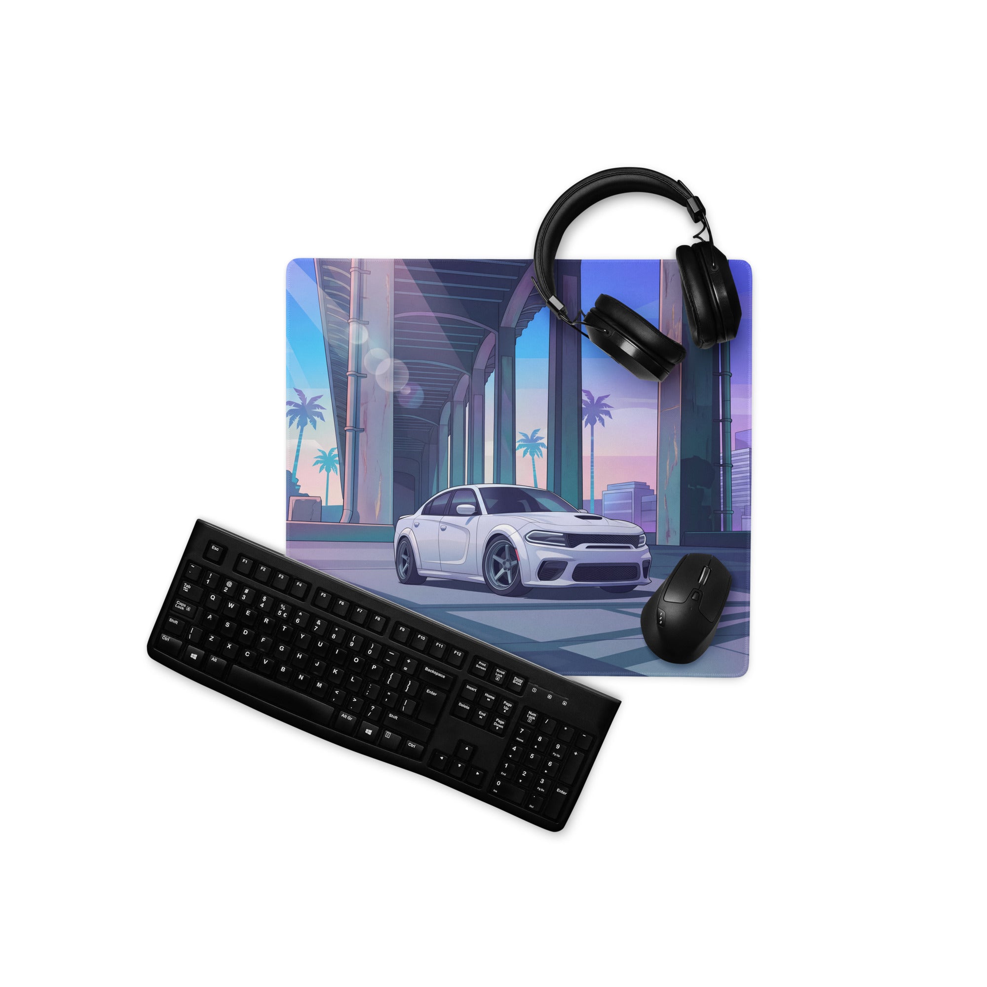 Dodge Charger SRT Hellcat Widebody Inspired White Vaporwave Gaming Mouse Pad – Blue Purple City Overpass Desk Mat with Retro Palm Tree Art
