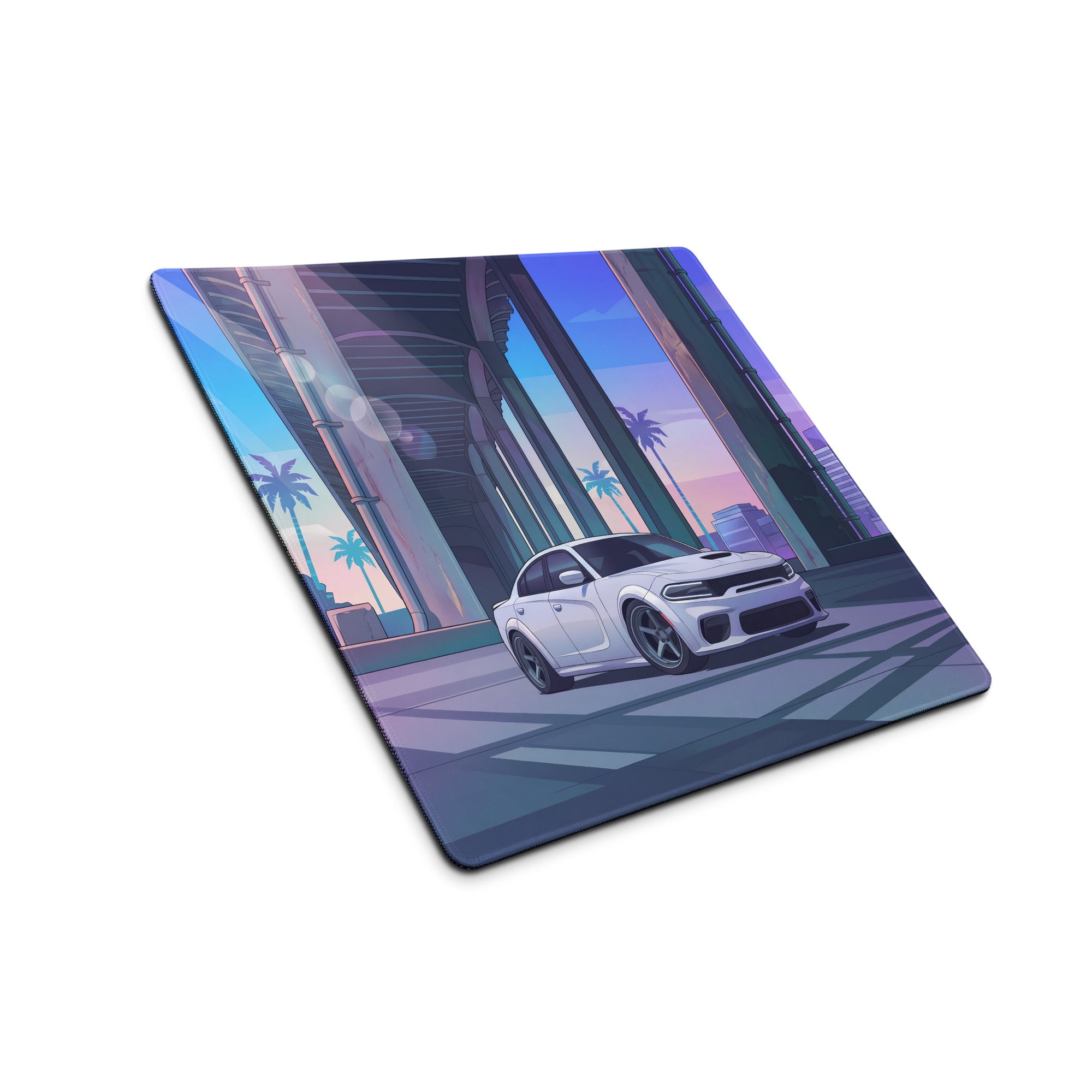 Dodge Charger SRT Hellcat Widebody Inspired White Vaporwave Gaming Mouse Pad – Blue Purple City Overpass Desk Mat with Retro Palm Tree Art