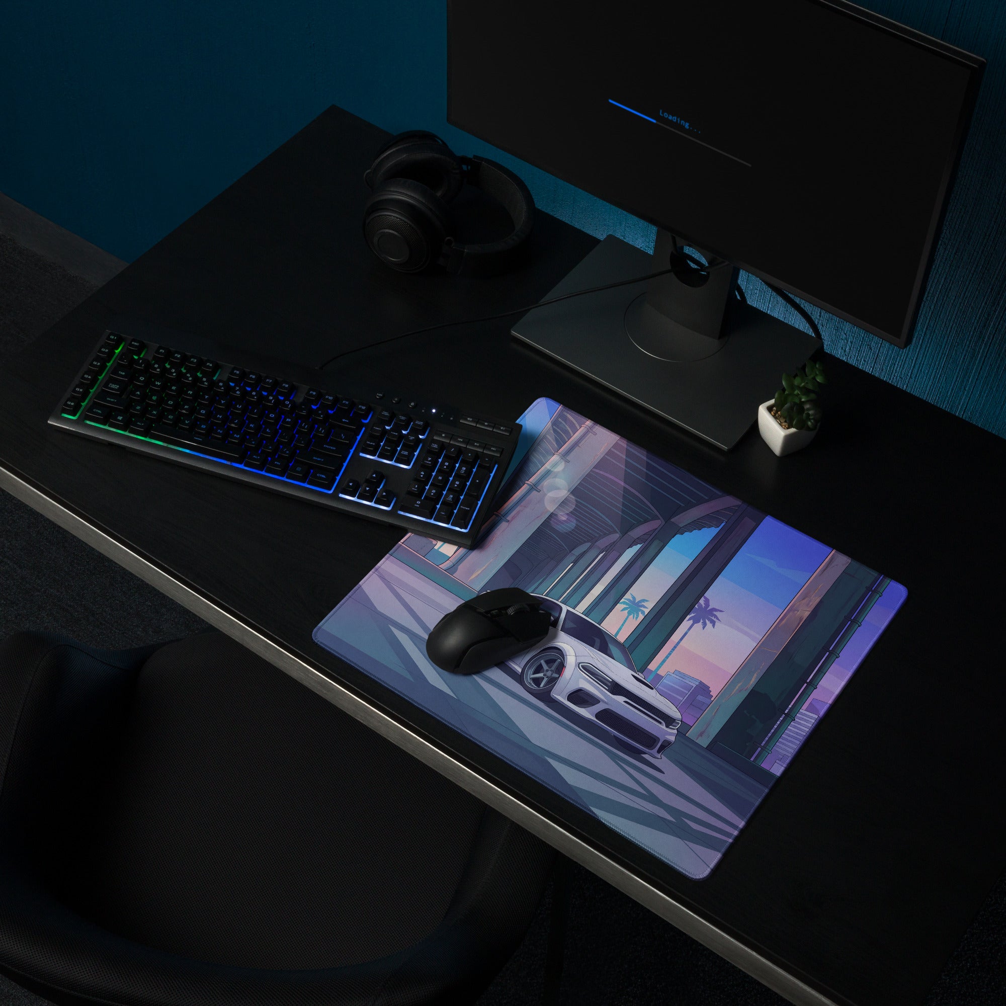Dodge Charger SRT Hellcat Widebody Inspired White Vaporwave Gaming Mouse Pad – Blue Purple City Overpass Desk Mat with Retro Palm Tree Art