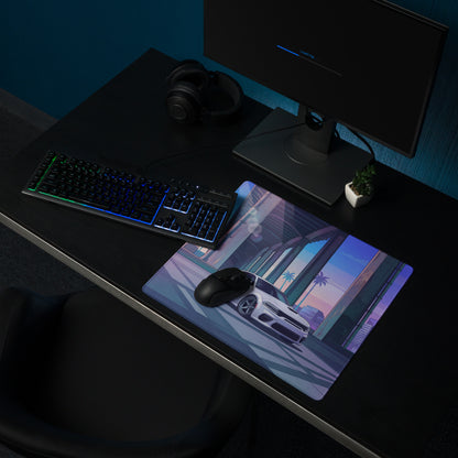 Dodge Charger SRT Hellcat Widebody Inspired White Vaporwave Gaming Mouse Pad – Blue Purple City Overpass Desk Mat with Retro Palm Tree Art