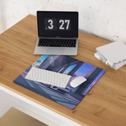 Dodge Charger SRT Hellcat Widebody Inspired White Vaporwave Gaming Mouse Pad – Blue Purple City Overpass Desk Mat with Retro Palm Tree Art
