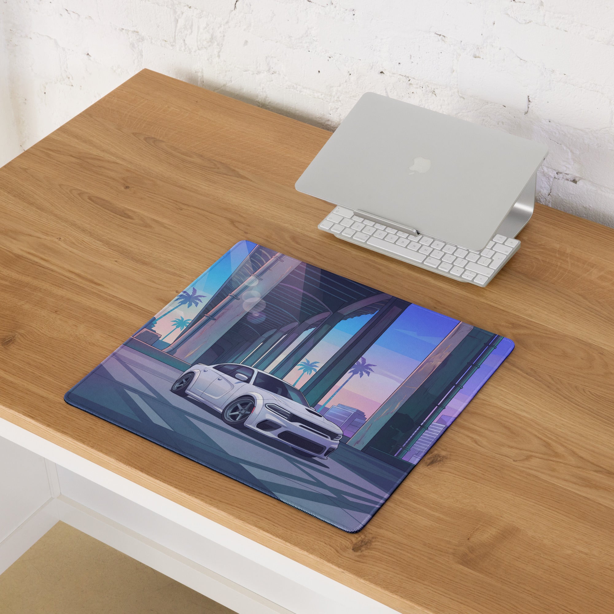 Dodge Charger SRT Hellcat Widebody Inspired White Vaporwave Gaming Mouse Pad – Blue Purple City Overpass Desk Mat with Retro Palm Tree Art