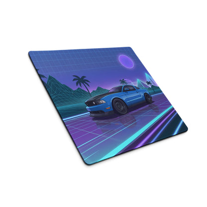 Ford Mustang Boss 302 Inspired Blue Vaporwave Gaming Mouse Pad – Neon Purple Highway Desk Mat with Palm Trees, Retro Grid Mountains and Synthwave Art