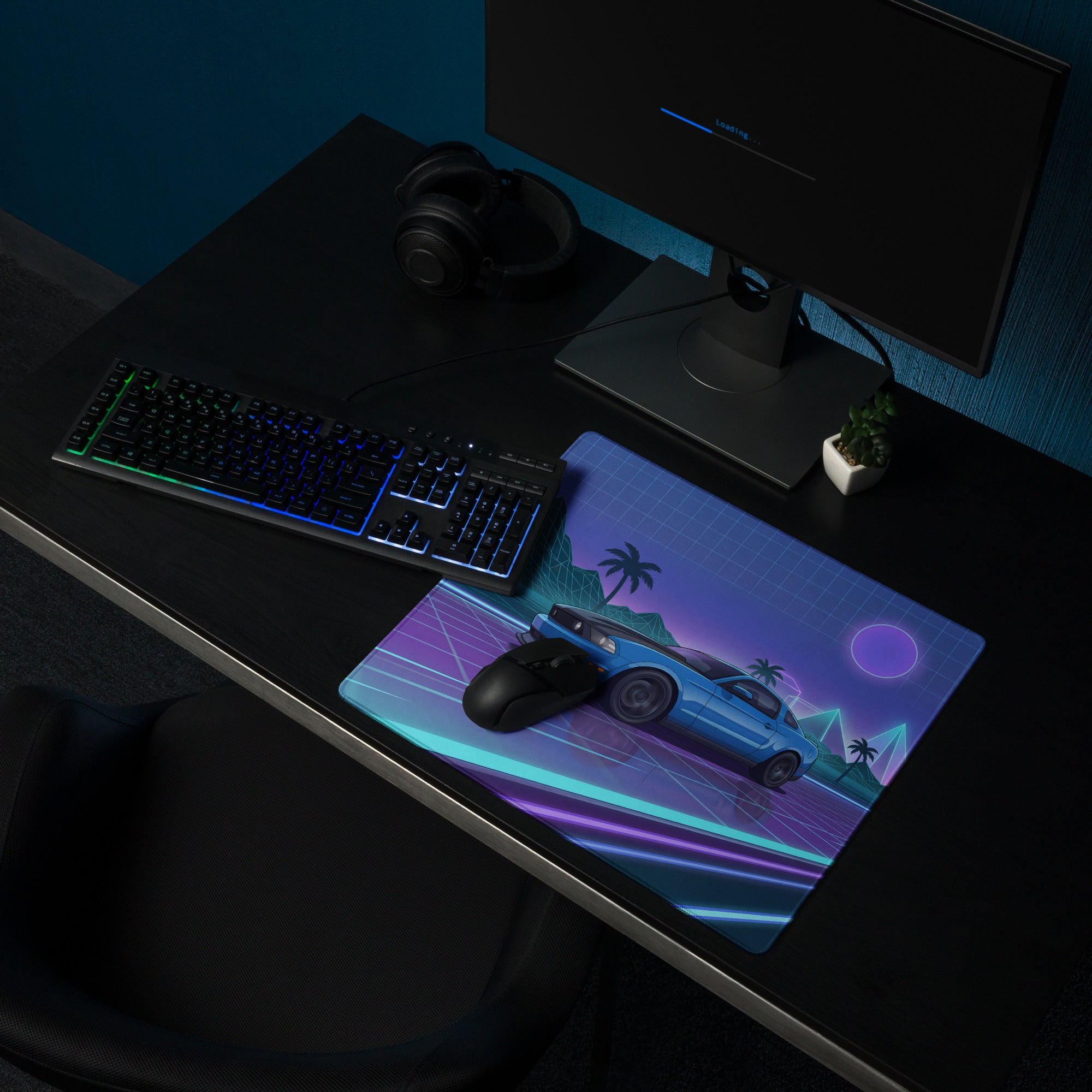 Ford Mustang Boss 302 Inspired Blue Vaporwave Gaming Mouse Pad – Neon Purple Highway Desk Mat with Palm Trees, Retro Grid Mountains and Synthwave Art