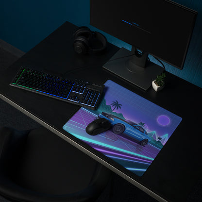 Ford Mustang Boss 302 Inspired Blue Vaporwave Gaming Mouse Pad – Neon Purple Highway Desk Mat with Palm Trees, Retro Grid Mountains and Synthwave Art