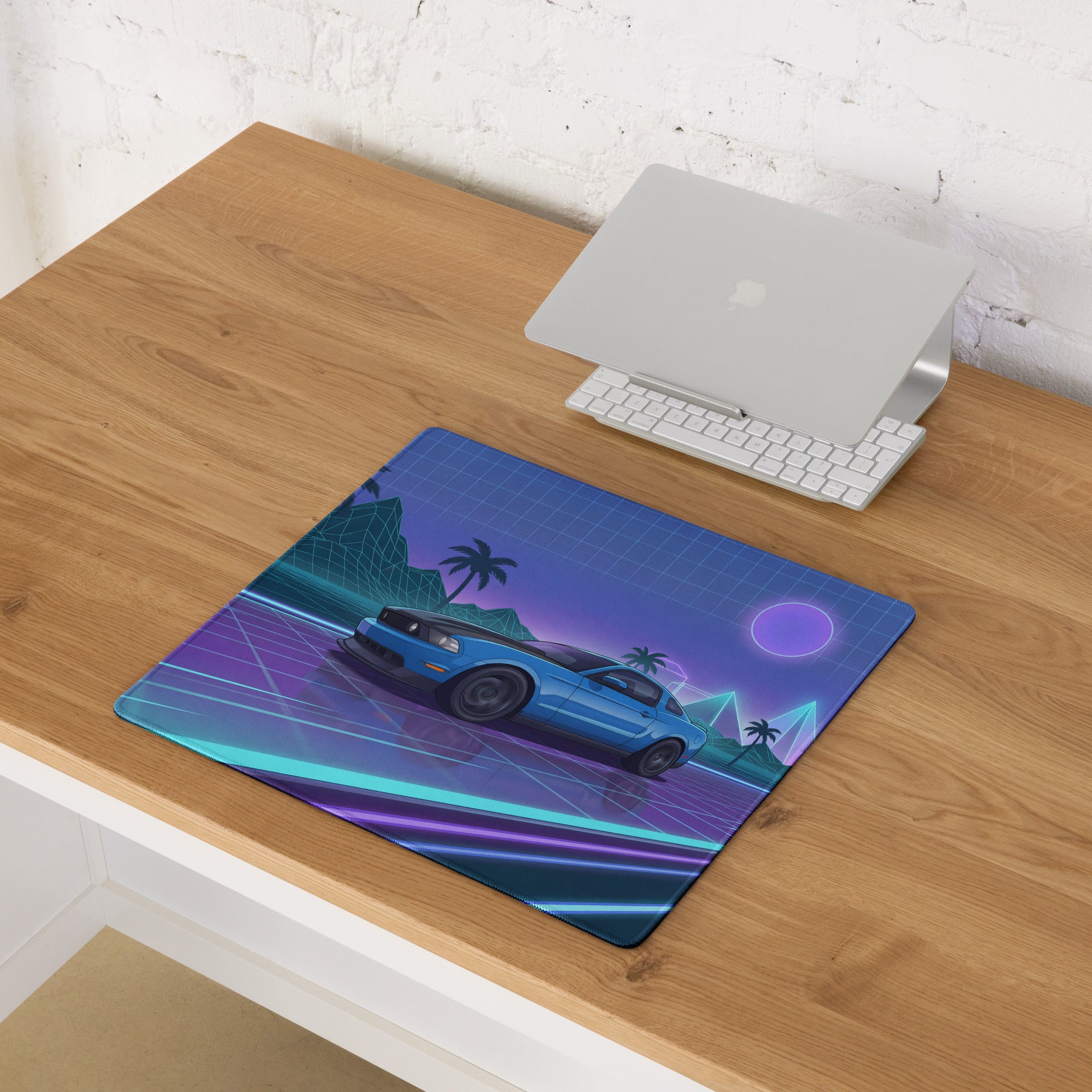 Ford Mustang Boss 302 Inspired Blue Vaporwave Gaming Mouse Pad – Neon Purple Highway Desk Mat with Palm Trees, Retro Grid Mountains and Synthwave Art