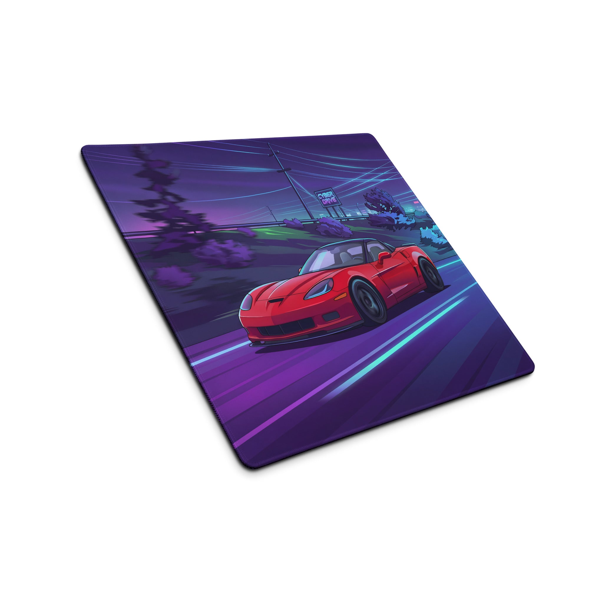 Chevrolet Corvette C6 Z06 Inspired Red Vaporwave Gaming Mouse Pad – Neon Purple Cyber Highway Desk Mat with Retro Futuristic City Racing Art