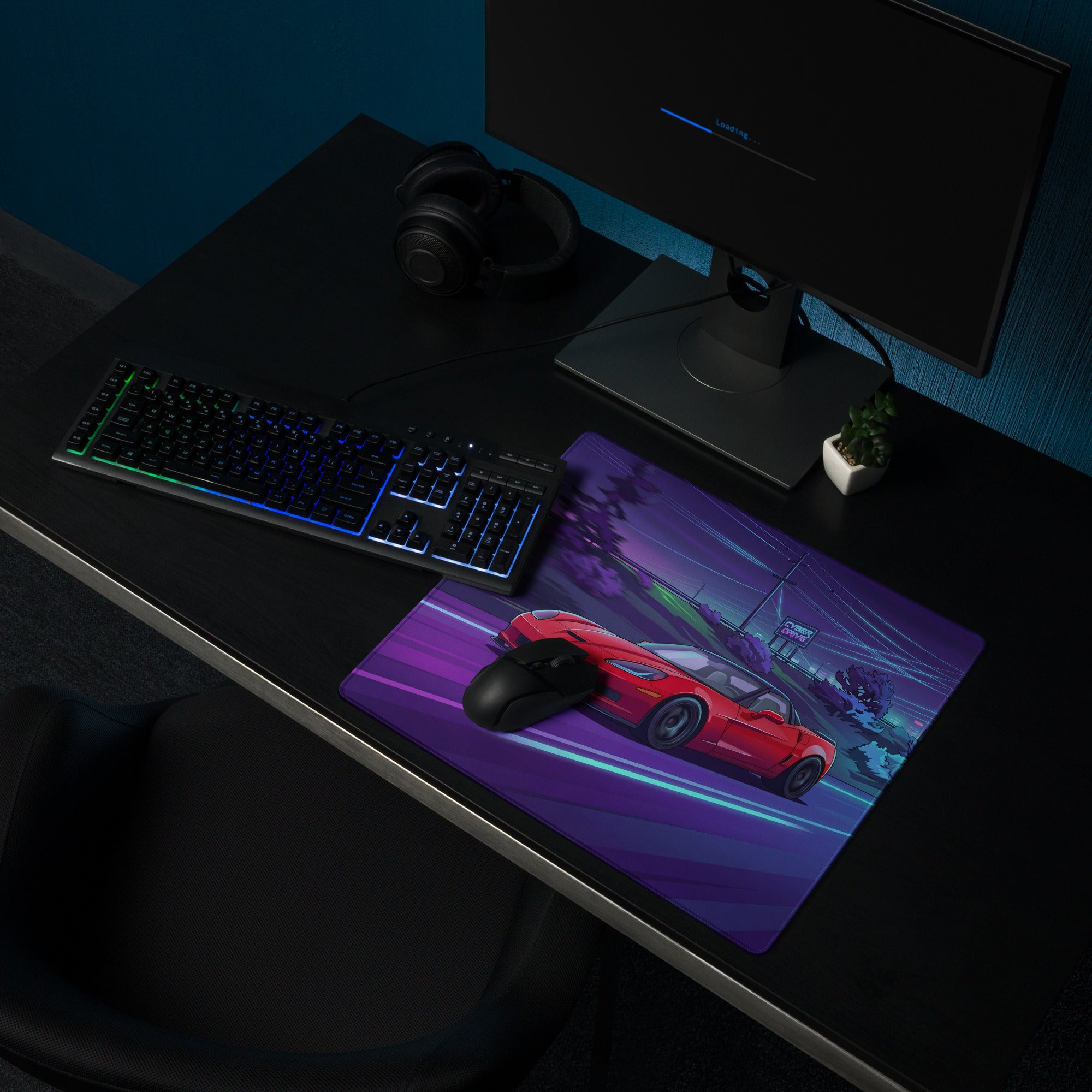 Chevrolet Corvette C6 Z06 Inspired Red Vaporwave Gaming Mouse Pad – Neon Purple Cyber Highway Desk Mat with Retro Futuristic City Racing Art