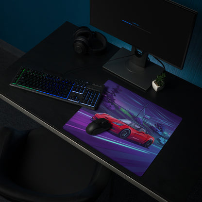 Chevrolet Corvette C6 Z06 Inspired Red Vaporwave Gaming Mouse Pad – Neon Purple Cyber Highway Desk Mat with Retro Futuristic City Racing Art