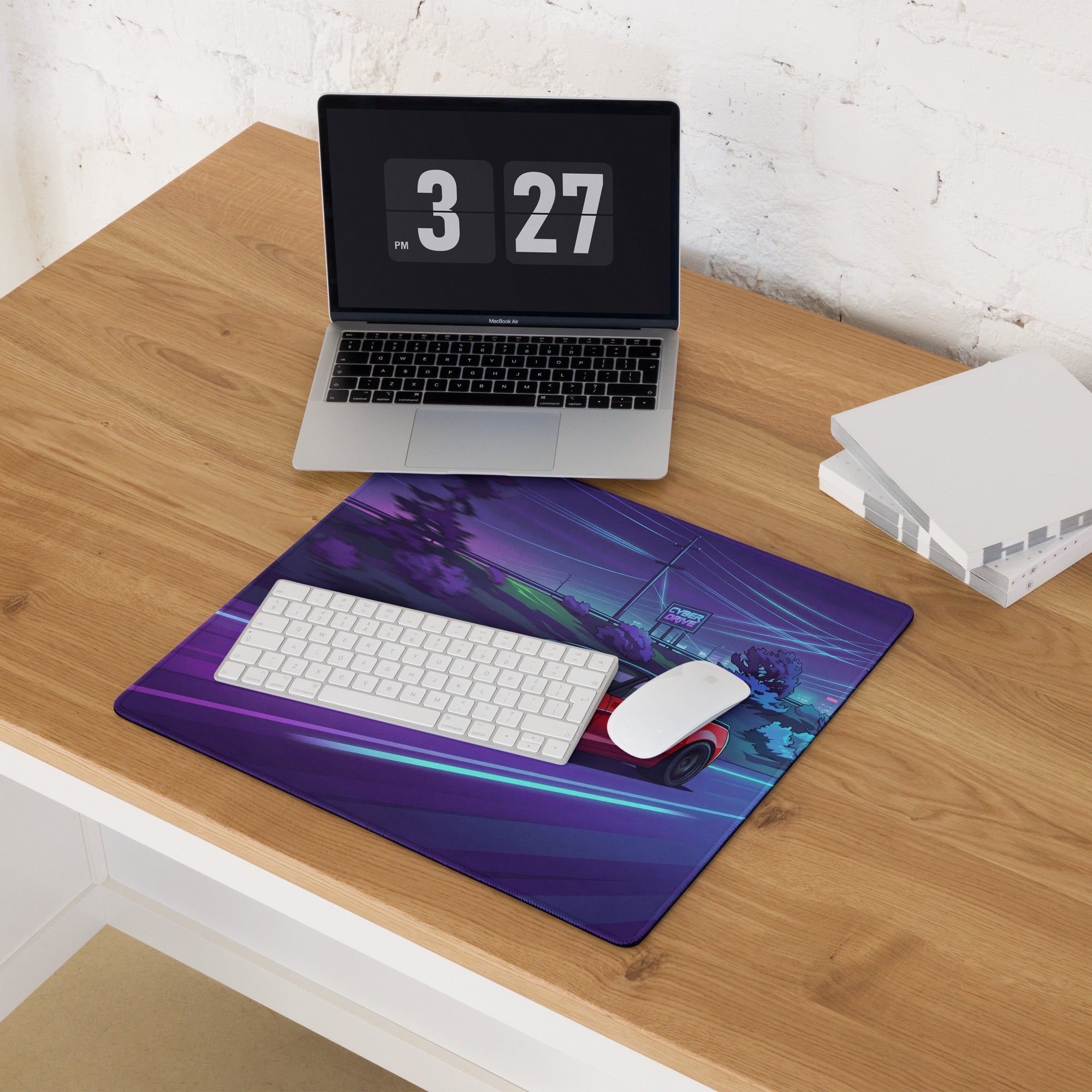 Chevrolet Corvette C6 Z06 Inspired Red Vaporwave Gaming Mouse Pad – Neon Purple Cyber Highway Desk Mat with Retro Futuristic City Racing Art