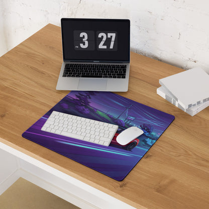Chevrolet Corvette C6 Z06 Inspired Red Vaporwave Gaming Mouse Pad – Neon Purple Cyber Highway Desk Mat with Retro Futuristic City Racing Art
