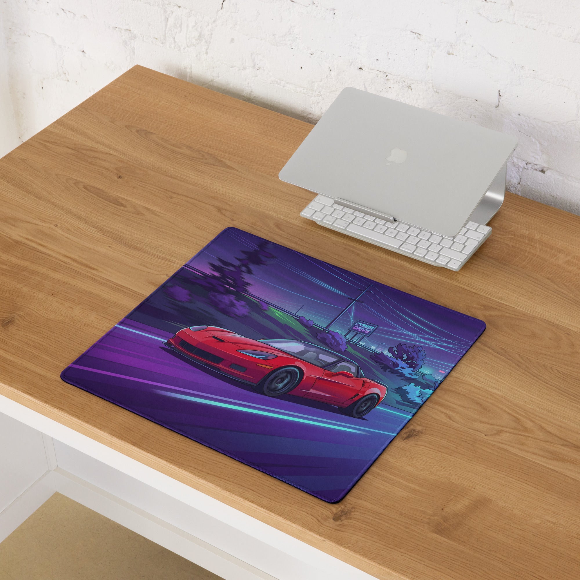 Chevrolet Corvette C6 Z06 Inspired Red Vaporwave Gaming Mouse Pad – Neon Purple Cyber Highway Desk Mat with Retro Futuristic City Racing Art