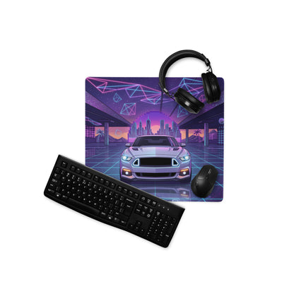Ford Mustang GT Inspired White Vaporwave Gaming Mouse Pad – Neon Blue Pink Futuristic Garage Desk Mat with Retro City Skyline and Geometric Art