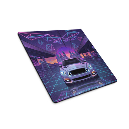Ford Mustang GT Inspired White Vaporwave Gaming Mouse Pad – Neon Blue Pink Futuristic Garage Desk Mat with Retro City Skyline and Geometric Art
