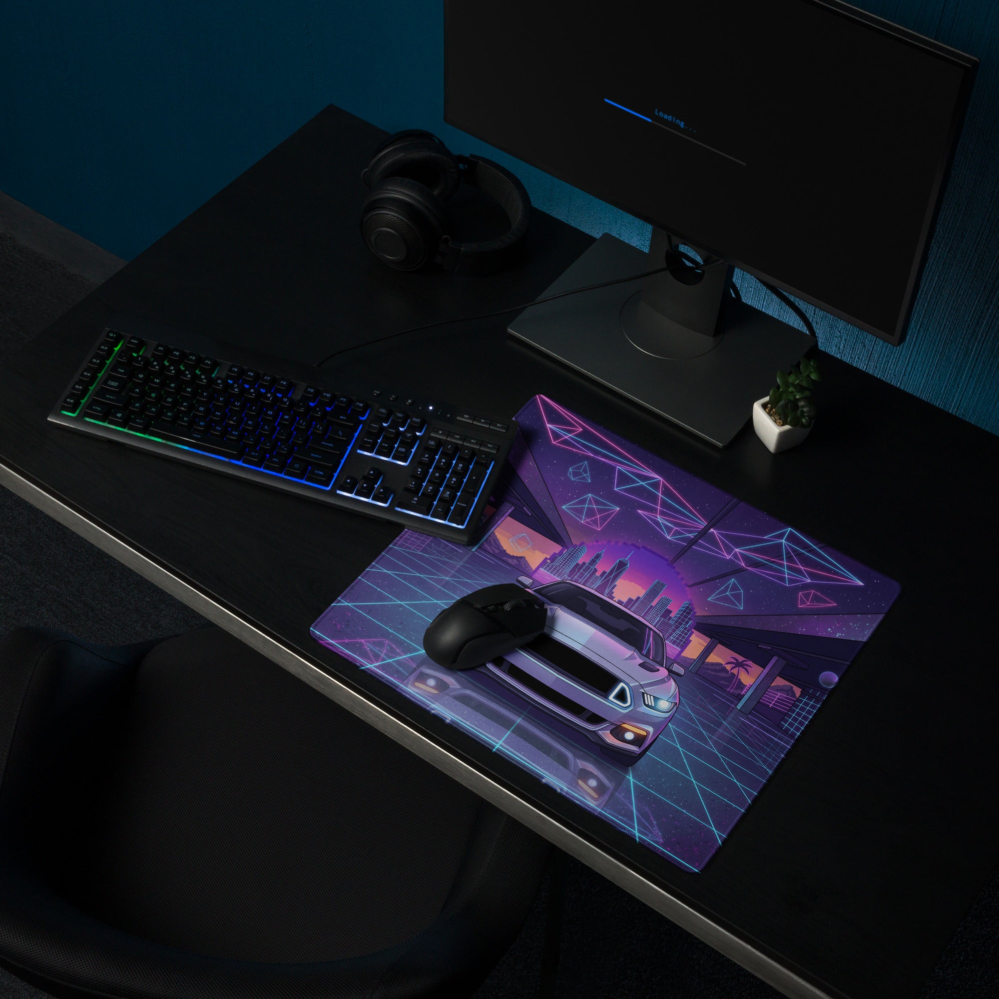 Ford Mustang GT Inspired White Vaporwave Gaming Mouse Pad – Neon Blue Pink Futuristic Garage Desk Mat with Retro City Skyline and Geometric Art