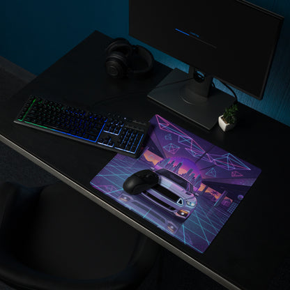 Ford Mustang GT Inspired White Vaporwave Gaming Mouse Pad – Neon Blue Pink Futuristic Garage Desk Mat with Retro City Skyline and Geometric Art
