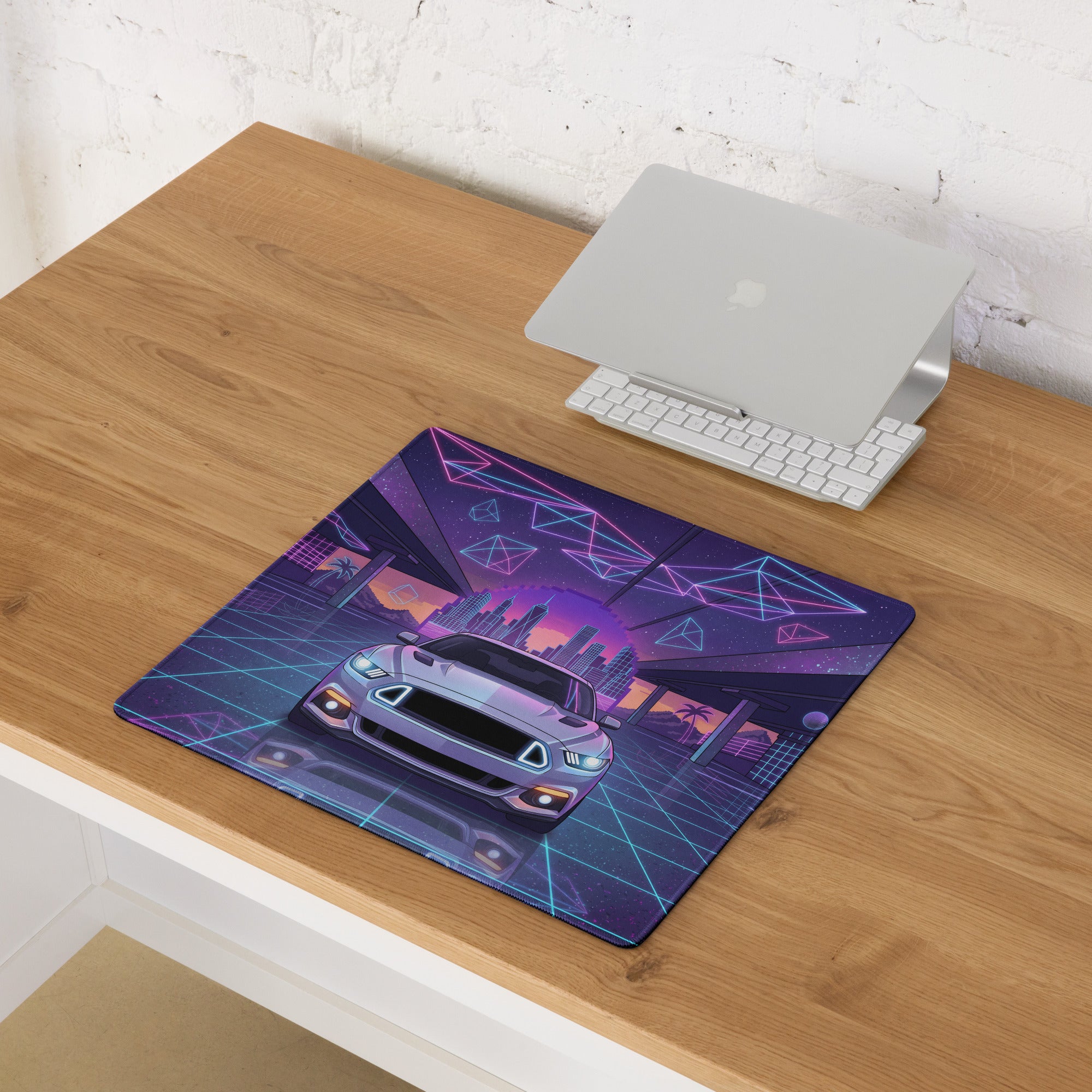 Ford Mustang GT Inspired White Vaporwave Gaming Mouse Pad – Neon Blue Pink Futuristic Garage Desk Mat with Retro City Skyline and Geometric Art