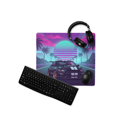 Ford Mustang Shelby GT350R Inspired Black Vaporwave Gaming Mouse Pad – Neon Pink Cyan Palm Highway Desk Mat with Retro Grid Mountains and Synthwave Art