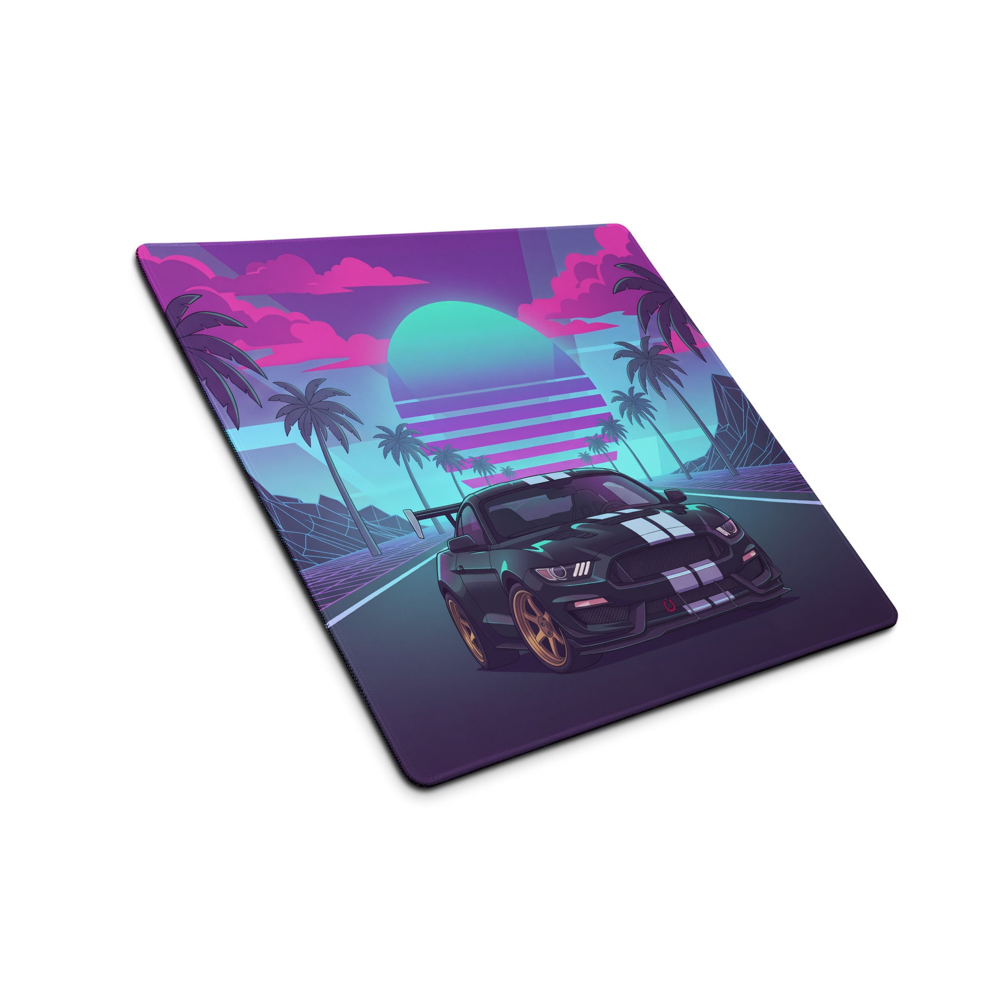 Ford Mustang Shelby GT350R Inspired Black Vaporwave Gaming Mouse Pad – Neon Pink Cyan Palm Highway Desk Mat with Retro Grid Mountains and Synthwave Art