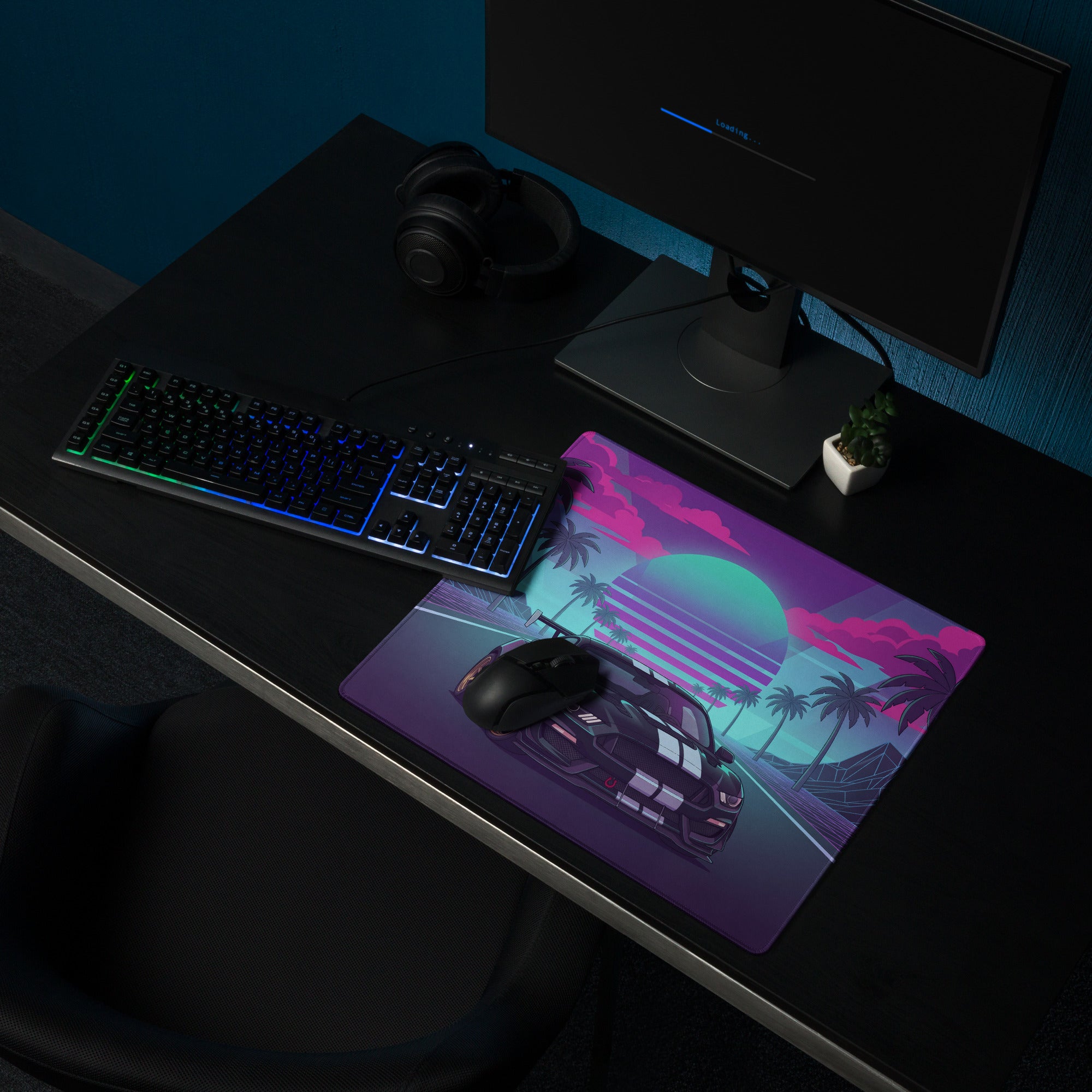 Ford Mustang Shelby GT350R Inspired Black Vaporwave Gaming Mouse Pad – Neon Pink Cyan Palm Highway Desk Mat with Retro Grid Mountains and Synthwave Art