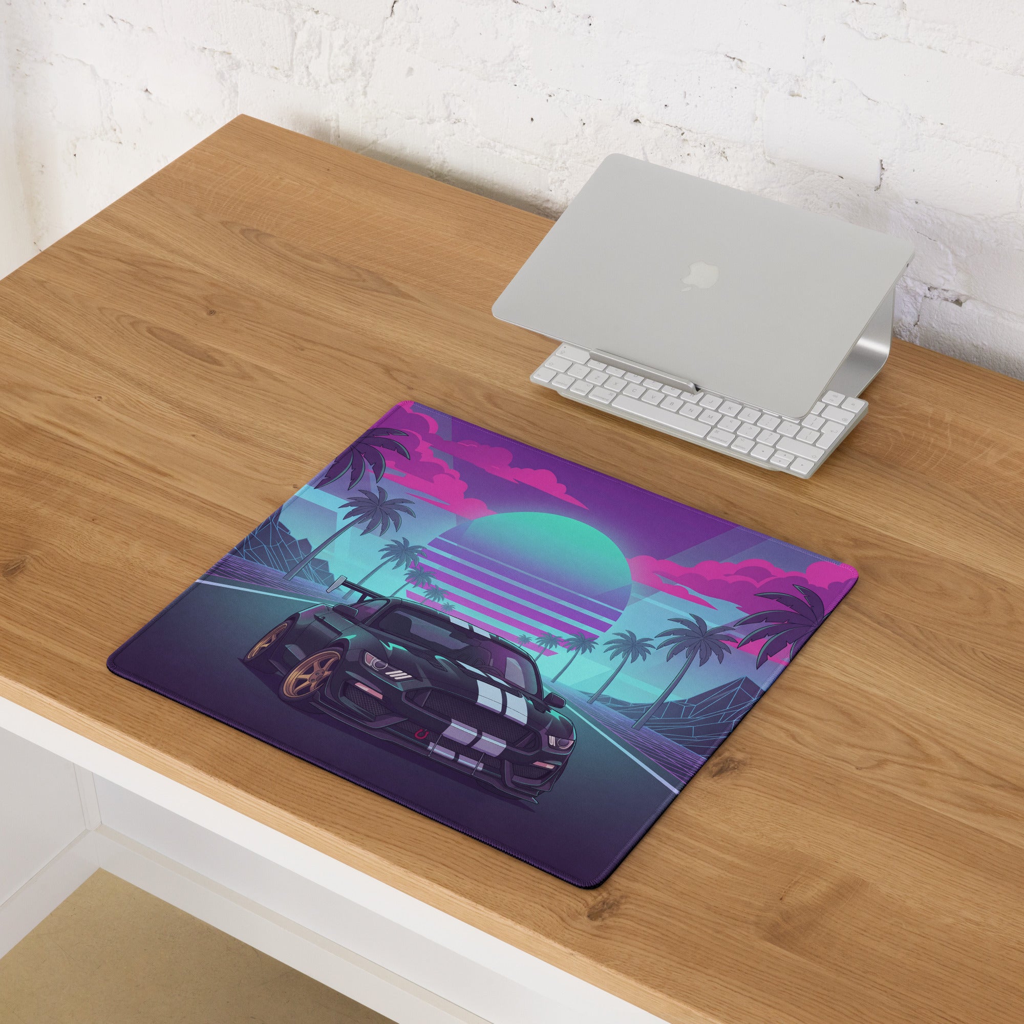 Ford Mustang Shelby GT350R Inspired Black Vaporwave Gaming Mouse Pad – Neon Pink Cyan Palm Highway Desk Mat with Retro Grid Mountains and Synthwave Art