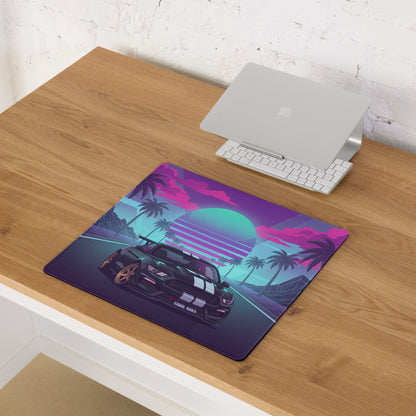 Ford Mustang Shelby GT350R Inspired Black Vaporwave Gaming Mouse Pad – Neon Pink Cyan Palm Highway Desk Mat with Retro Grid Mountains and Synthwave Art