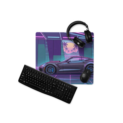 Chevrolet Corvette C7 ZR1 Inspired Gray Vaporwave Gaming Mouse Pad – Neon Pink Blue Retro Garage Desk Mat with Palm Sunset and Futuristic Grid Art