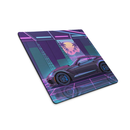 Chevrolet Corvette C7 ZR1 Inspired Gray Vaporwave Gaming Mouse Pad – Neon Pink Blue Retro Garage Desk Mat with Palm Sunset and Futuristic Grid Art