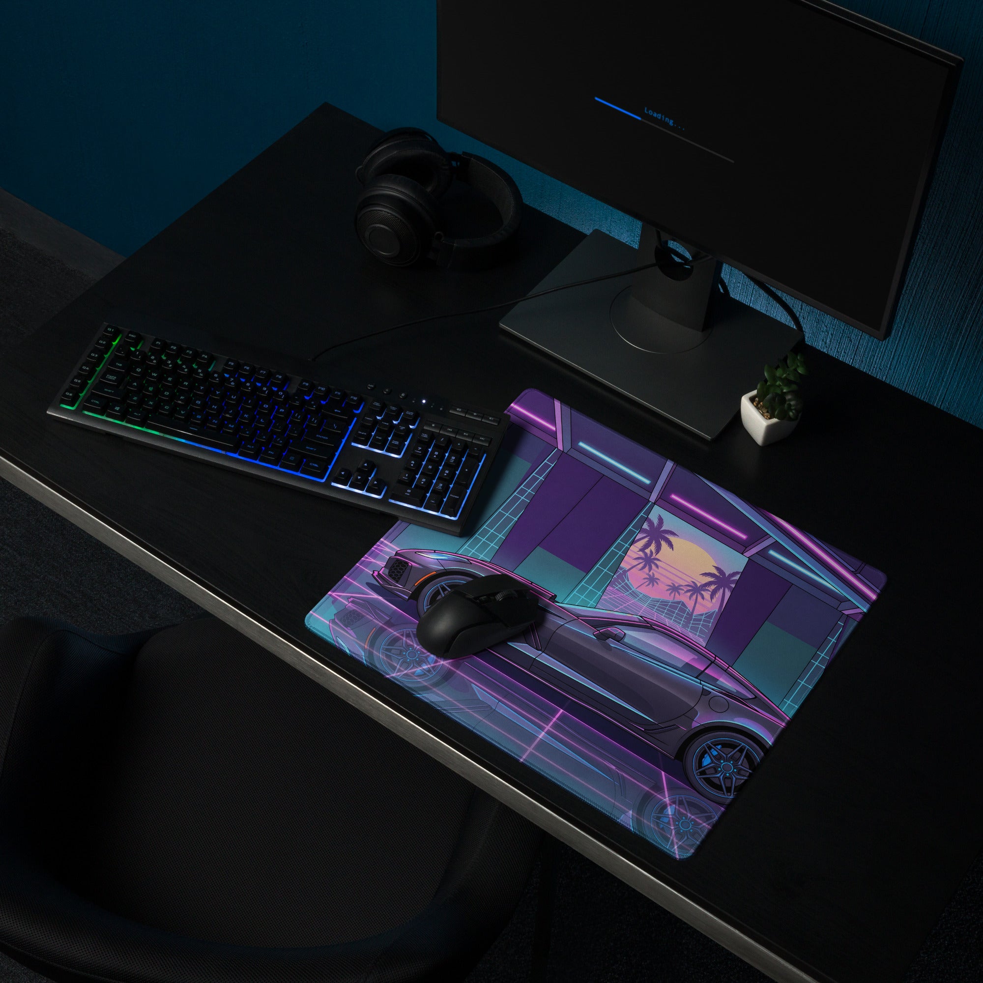 Chevrolet Corvette C7 ZR1 Inspired Gray Vaporwave Gaming Mouse Pad – Neon Pink Blue Retro Garage Desk Mat with Palm Sunset and Futuristic Grid Art