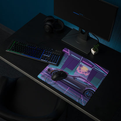 Chevrolet Corvette C7 ZR1 Inspired Gray Vaporwave Gaming Mouse Pad – Neon Pink Blue Retro Garage Desk Mat with Palm Sunset and Futuristic Grid Art