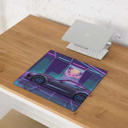 Chevrolet Corvette C7 ZR1 Inspired Gray Vaporwave Gaming Mouse Pad – Neon Pink Blue Retro Garage Desk Mat with Palm Sunset and Futuristic Grid Art