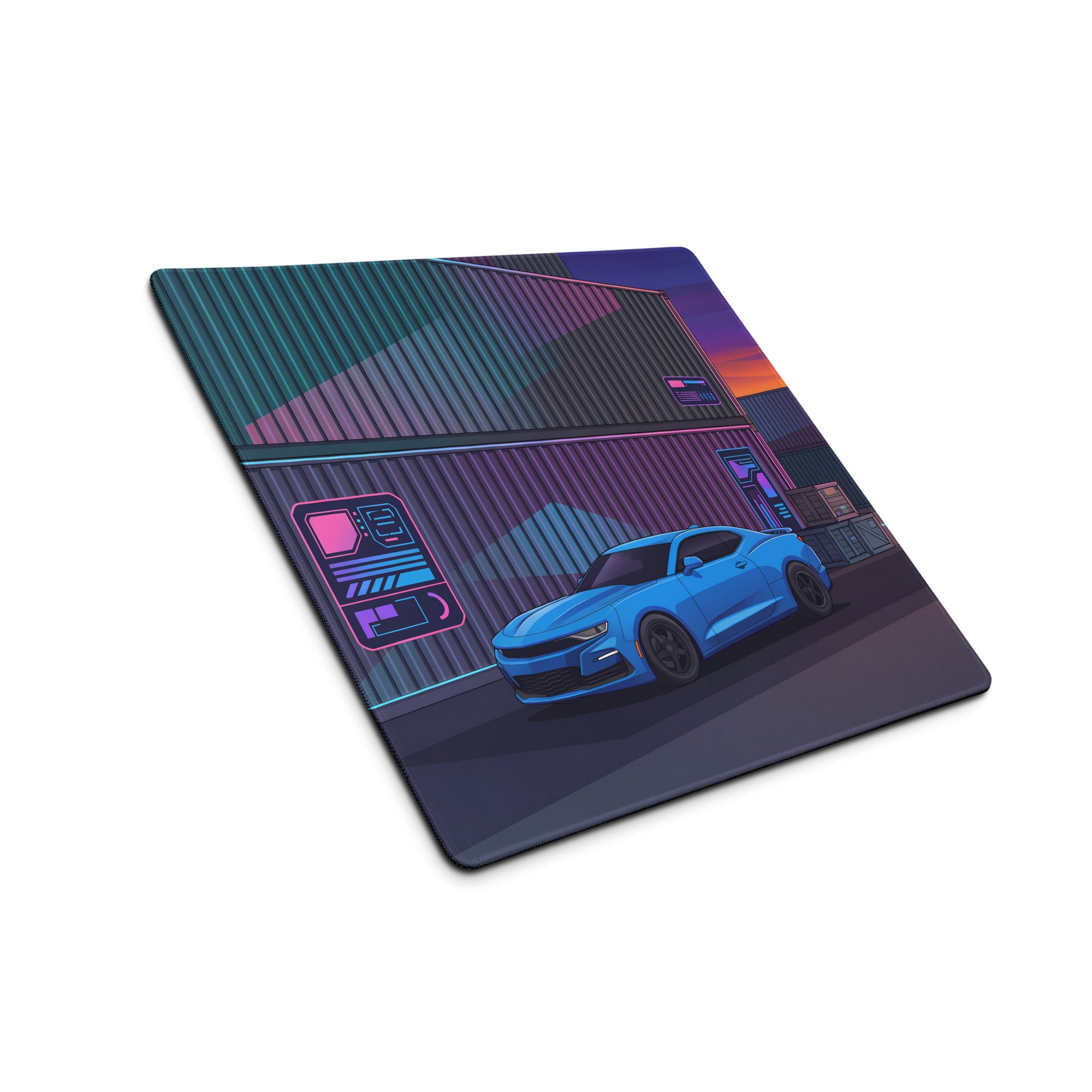 Chevrolet Camaro SS Inspired Blue Vaporwave Gaming Mouse Pad – Neon Pink Shipping Yard Desk Mat with Retro Futuristic Containers and Sunset Art