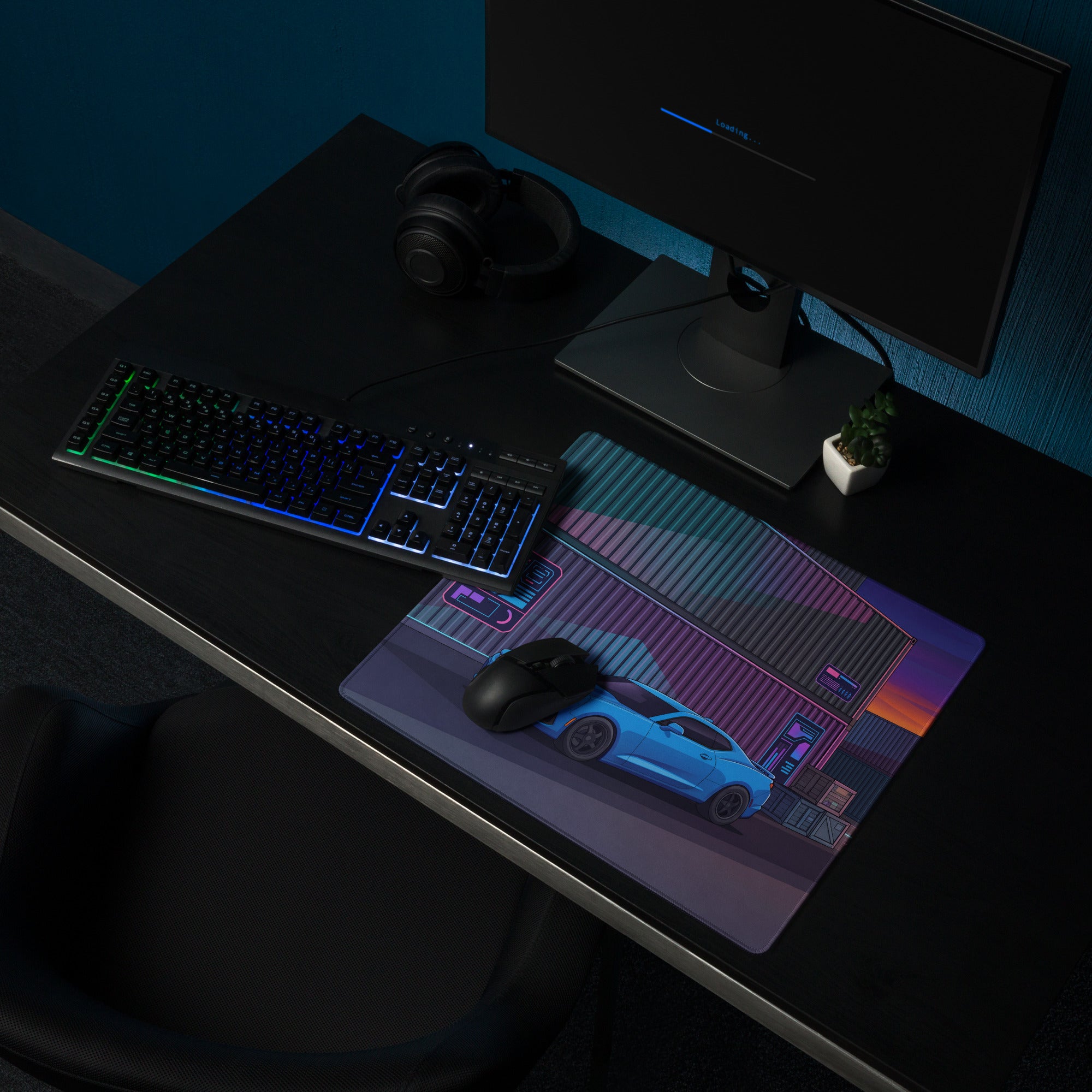 Chevrolet Camaro SS Inspired Blue Vaporwave Gaming Mouse Pad – Neon Pink Shipping Yard Desk Mat with Retro Futuristic Containers and Sunset Art