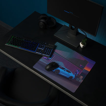 Chevrolet Camaro SS Inspired Blue Vaporwave Gaming Mouse Pad – Neon Pink Shipping Yard Desk Mat with Retro Futuristic Containers and Sunset Art