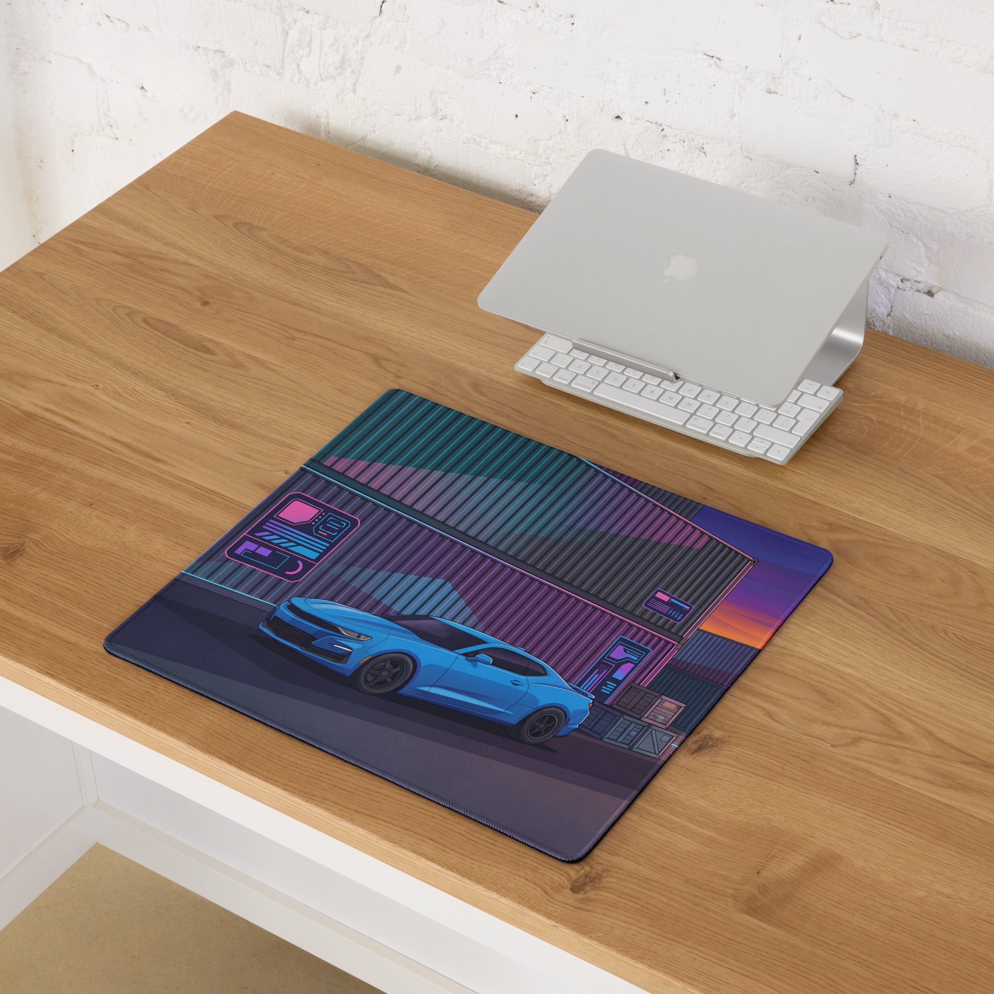 Chevrolet Camaro SS Inspired Blue Vaporwave Gaming Mouse Pad – Neon Pink Shipping Yard Desk Mat with Retro Futuristic Containers and Sunset Art
