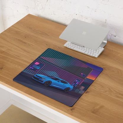 Chevrolet Camaro SS Inspired Blue Vaporwave Gaming Mouse Pad – Neon Pink Shipping Yard Desk Mat with Retro Futuristic Containers and Sunset Art