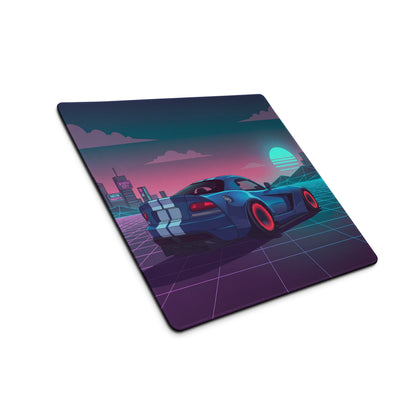 Dodge Viper SRT-10 Inspired Blue Vaporwave Gaming Mouse Pad – Neon Pink Cyber Grid Desk Mat with Retro Futuristic City and Synthwave Sunset Art