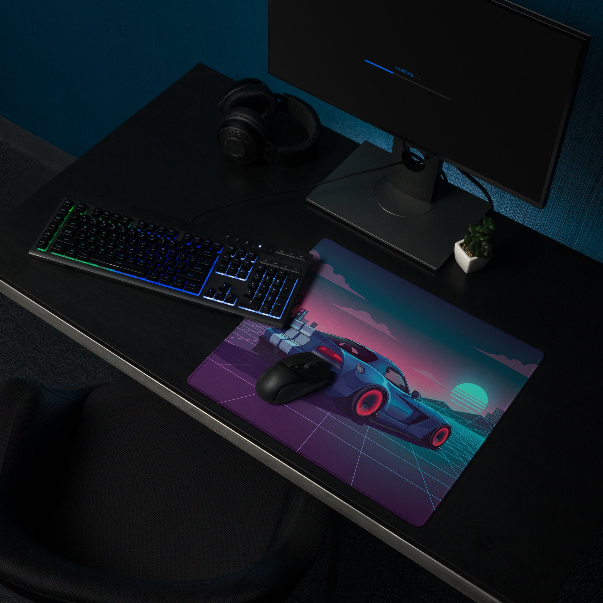 Dodge Viper SRT-10 Inspired Blue Vaporwave Gaming Mouse Pad – Neon Pink Cyber Grid Desk Mat with Retro Futuristic City and Synthwave Sunset Art