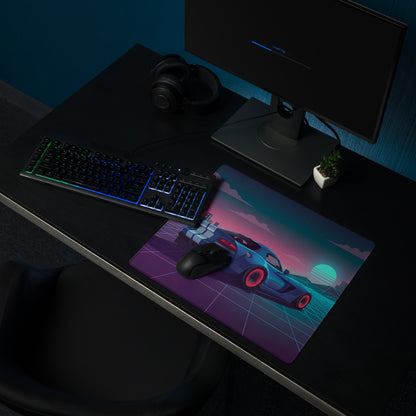 Dodge Viper SRT-10 Inspired Blue Vaporwave Gaming Mouse Pad – Neon Pink Cyber Grid Desk Mat with Retro Futuristic City and Synthwave Sunset Art