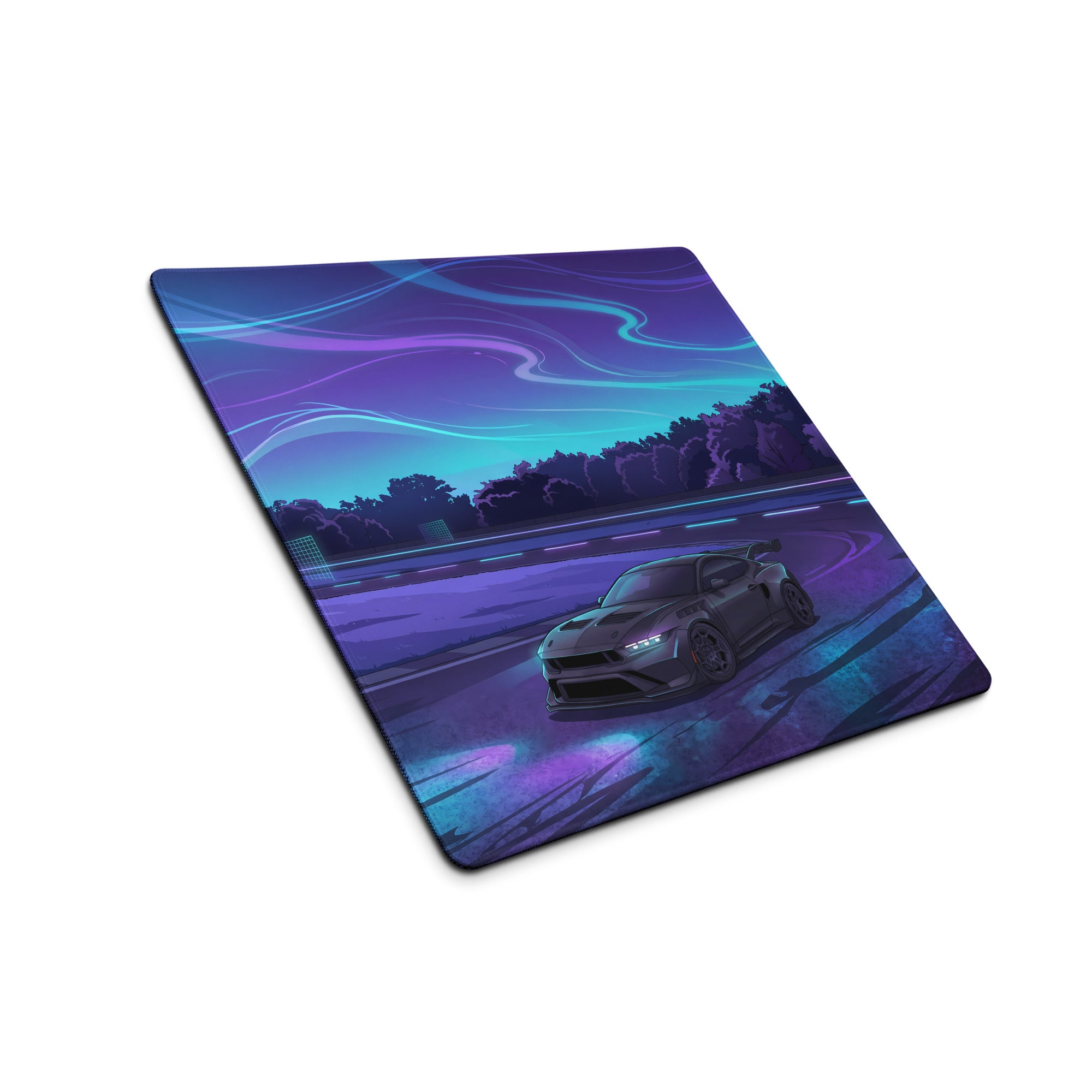 Ford Mustang GTD Inspired Gray Vaporwave Gaming Mouse Pad – Neon Purple Cyan Drift Track Desk Mat with Retro Futuristic Night Racing Art