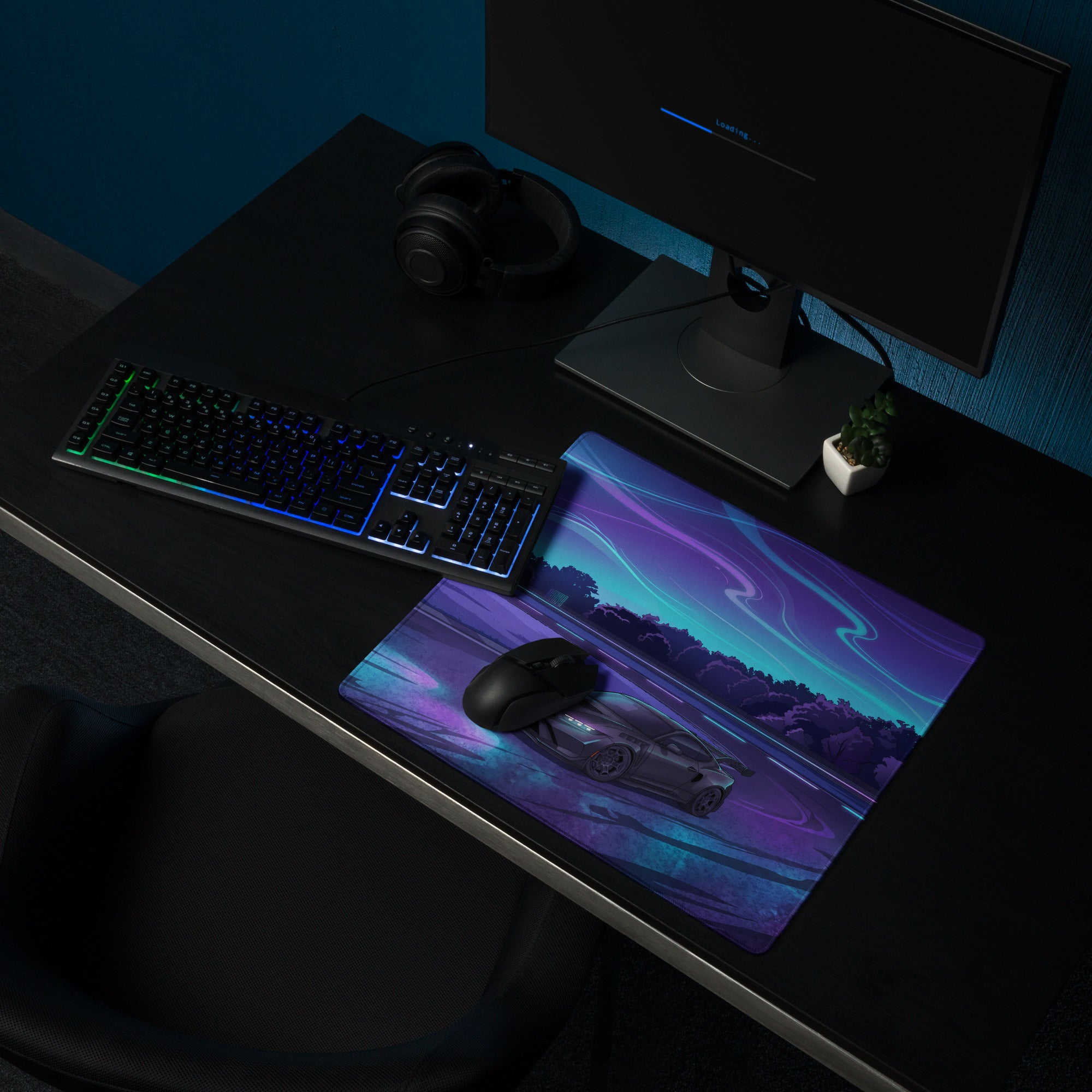 Ford Mustang GTD Inspired Gray Vaporwave Gaming Mouse Pad – Neon Purple Cyan Drift Track Desk Mat with Retro Futuristic Night Racing Art