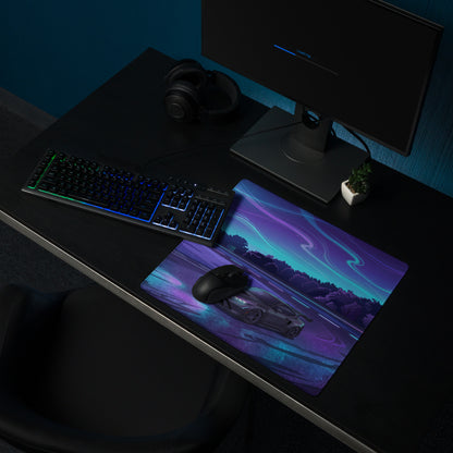 Ford Mustang GTD Inspired Gray Vaporwave Gaming Mouse Pad – Neon Purple Cyan Drift Track Desk Mat with Retro Futuristic Night Racing Art