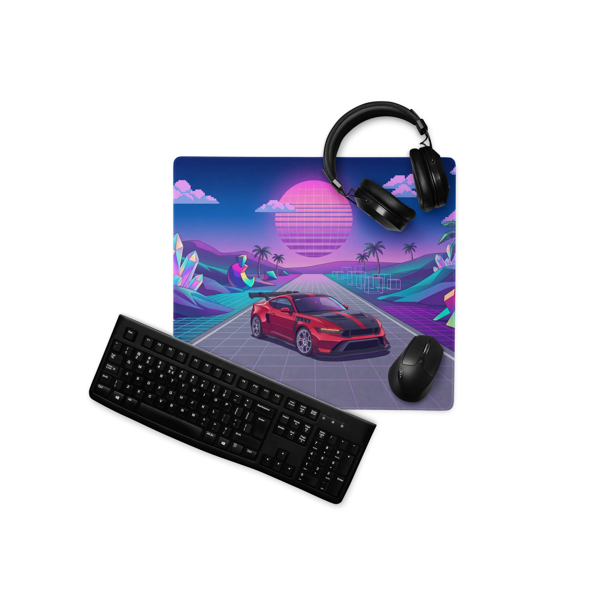 Ford Mustang GTD Inspired Red Vaporwave Gaming Mouse Pad – Neon Pink Blue Crystal Highway Desk Mat with Retro Futuristic Palm Trees and Synthwave Art