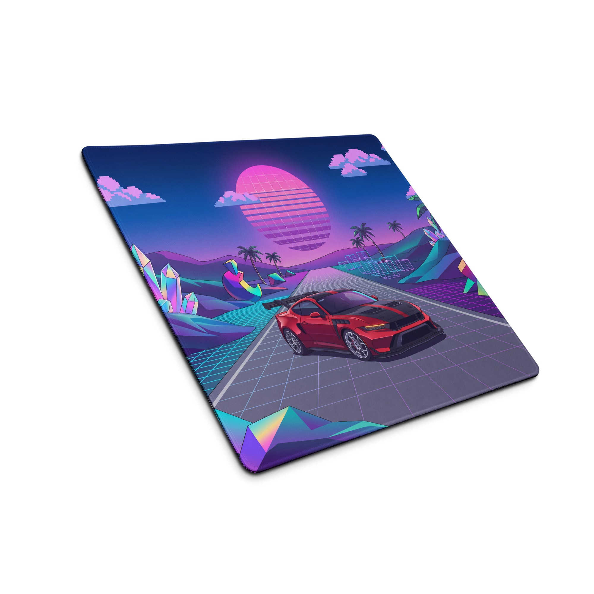 Ford Mustang GTD Inspired Red Vaporwave Gaming Mouse Pad – Neon Pink Blue Crystal Highway Desk Mat with Retro Futuristic Palm Trees and Synthwave Art