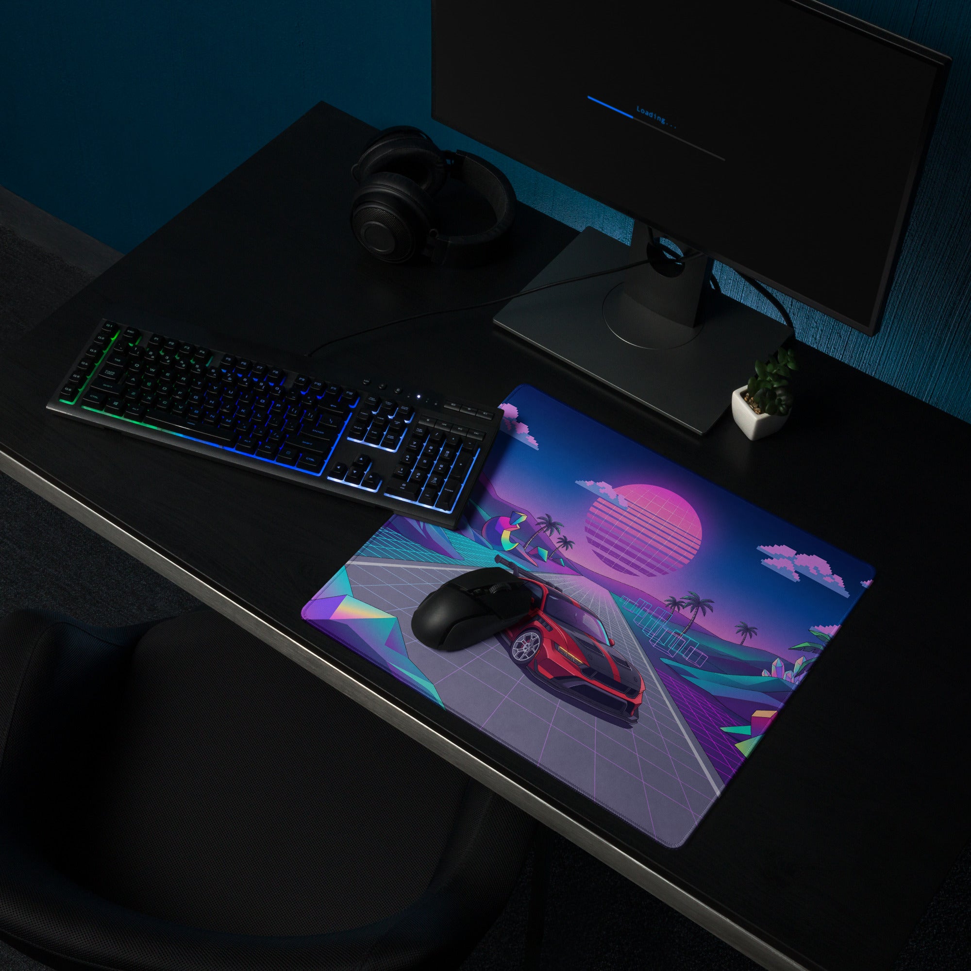 Ford Mustang GTD Inspired Red Vaporwave Gaming Mouse Pad – Neon Pink Blue Crystal Highway Desk Mat with Retro Futuristic Palm Trees and Synthwave Art
