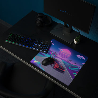 Ford Mustang GTD Inspired Red Vaporwave Gaming Mouse Pad – Neon Pink Blue Crystal Highway Desk Mat with Retro Futuristic Palm Trees and Synthwave Art